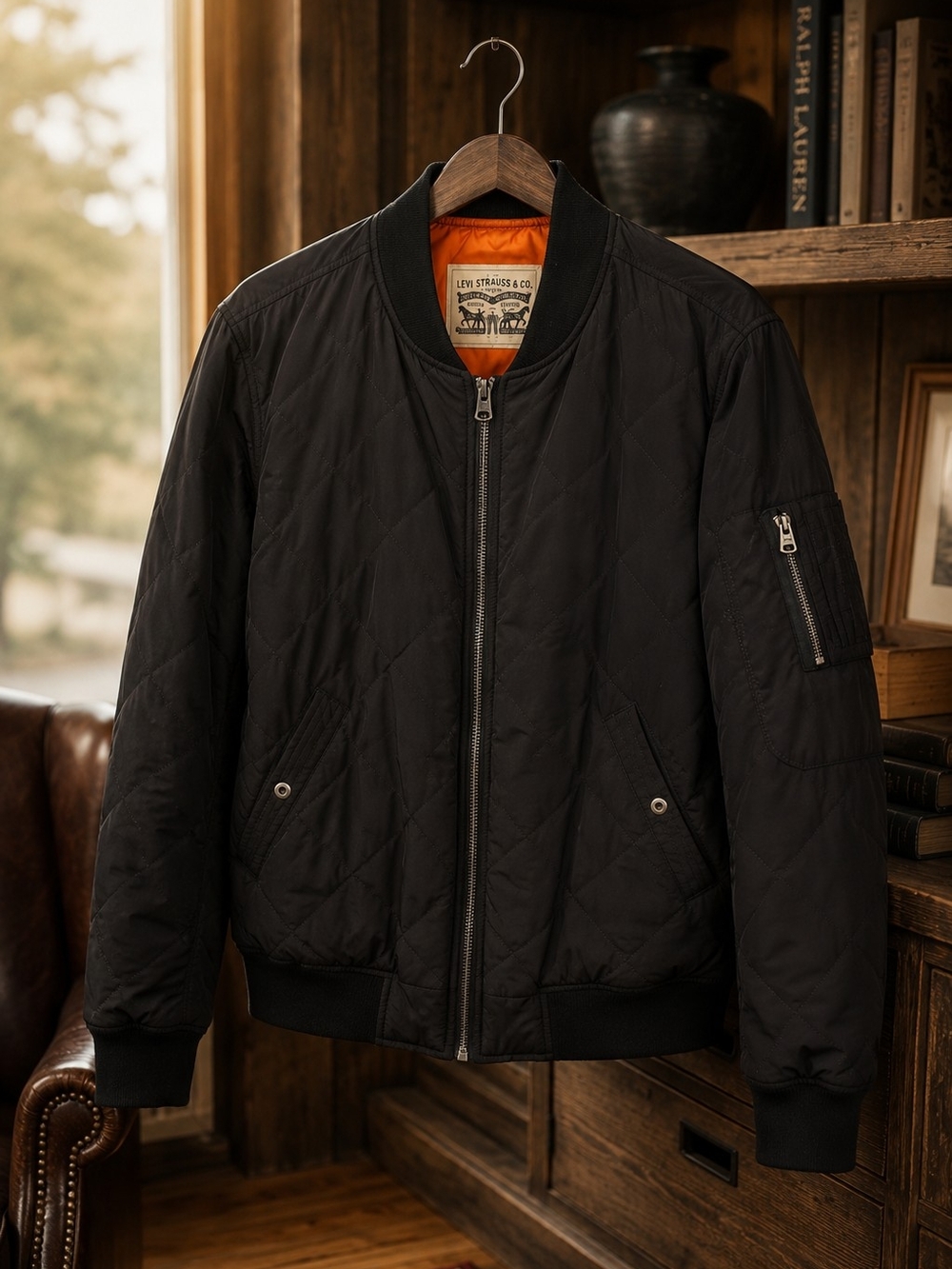 Levi's Black Quilted Bomber Jacket with Orange Interior